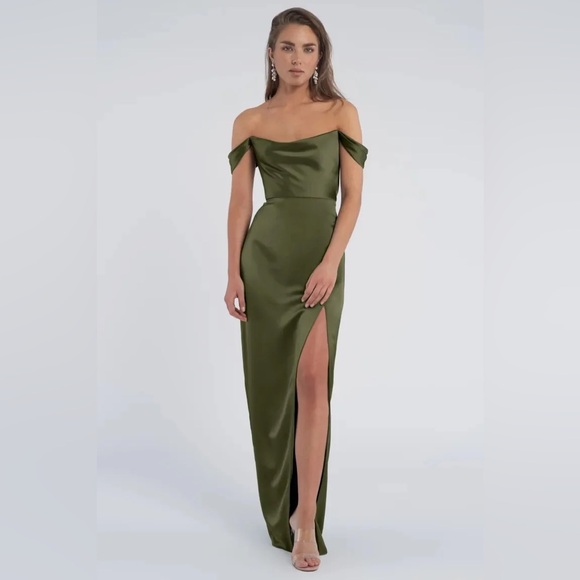 Jenny Yoo Sawyer Satin Gown, Olive Size 10 - Picture 1 of 2